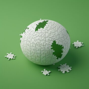 Abstract green model of the earth made of white puzzles . Autism Awareness Day