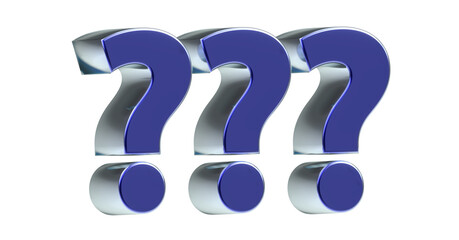 drei blaue exklusive plakative Fragezeichen 3D-Rendering, Frage, Antwort, FAQ, Zeichen, Schrift, 3D, exklusiv, metallisch, edel, Aufgabe, Wissen, Lernen, Ungewiss,  Freisteller, Alphakanal