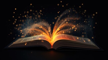 A book on a black background with glowing pages. The book has shiny pages. Children's literature. Books about magic - obrazy, fototapety, plakaty