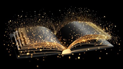 A magical open book on a dark background with glowing psges and miracle dust flying around