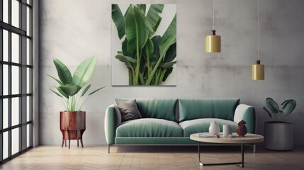 Modern interior with a blue sofa and large posters.Photo background