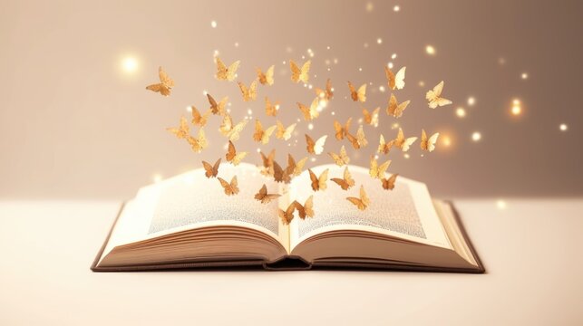 a lot of golden butterflies fly out of an open book on dark background . Advertising of romantic literature