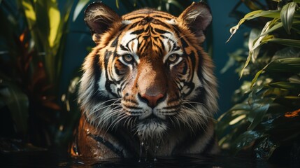 Fototapeta premium A close-up portrait of a tiger in large tropical leaves