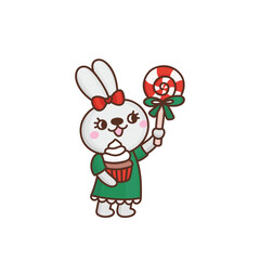 Cute bunny with holiday sweets lollipop and cake in her hands. Amusing character rabbit celebrating Christmas. Anthropomorphic animal girl. New year vector illustration isolated on a white background