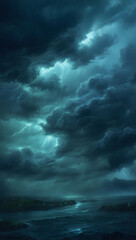 Obraz premium Black dark greenish blue dramatic night sky. Gloomy ominous storm rain clouds background. Cloudy thunderstorm hurricane wind lightning. Epic fantasy mystic. Or creepy spooky nightmare horror concept