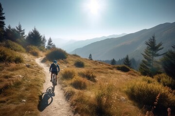 Bicycle with cyclist rider at sunset on a mountain road. Active healthy sport hobby. AI generated.