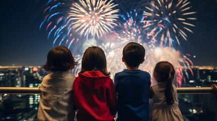 Back view of children watching big fireworks in the evening sky while standing on an open area - obrazy, fototapety, plakaty