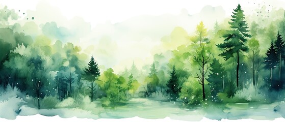 Scenery pictures painted with green watercolors - obrazy, fototapety, plakaty