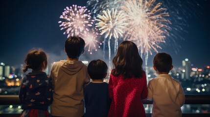 Back view of children watching big fireworks in the evening sky while standing on an open area
