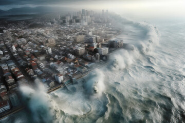Destructive oceanic tsunami, high-rise buildings background. Natural water disaster. AI generated.