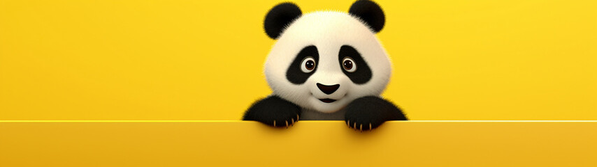 Banner with cute cartoon baby panda on isolated yellow background. Generative AI - obrazy, fototapety, plakaty