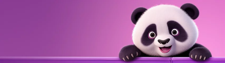 Tuinposter Banner with cute cartoon baby panda on isolated pink background. Generative AI © Катерина Нагірна