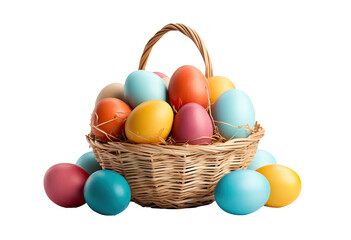 Obraz na płótnie Canvas Wicker basket full of easter eggs isolated on transparent background