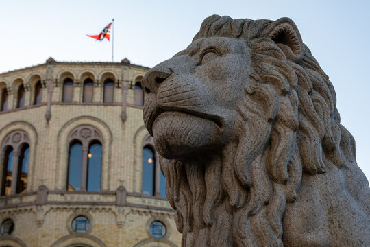 Oslo, Norway: Lion figure in front of the Parliament of Norway in Oslo, Norway