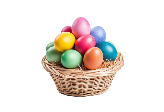 easter eggs in Wicker basket isolated on transparent background