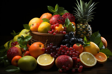 Naklejka na ściany i meble A stunning studio display of delicious and exotic fruits arrangement. Ai generated