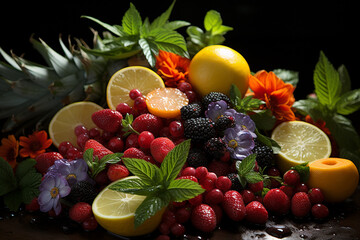 A stunning studio display of delicious and exotic fruits arrangement. Ai generated