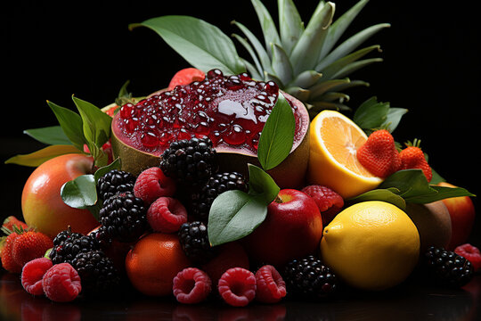 A stunning studio display of delicious and exotic fruits arrangement. Ai generated © dragomirescu