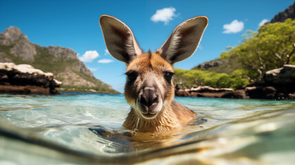 Close-up portrait of swimming kangaroo on natural background. Travel and wildlife concept. AI generated content.