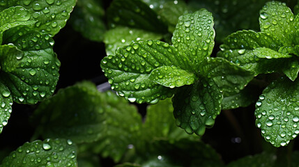 Water Drops on Fresh Green Mint Leaves As Background Defocused