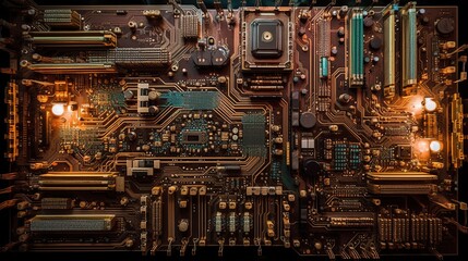 Electronic circuit intricate pathways, microcomponents, aesthetics technology micro scale. Photography, macro lens,