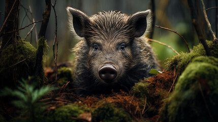 Portrait of wild boar on natural forest background. Minimalistic style. AI generated content.