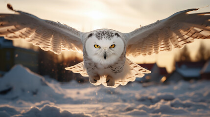 A snowy owl in flight on minimalistic natural background. AI generated content.