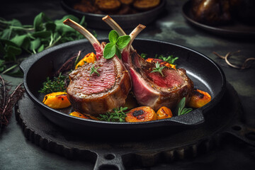 An appetizing display of succulent pork chop steaks in a mouthwatering product photography arrangement. Ai generated