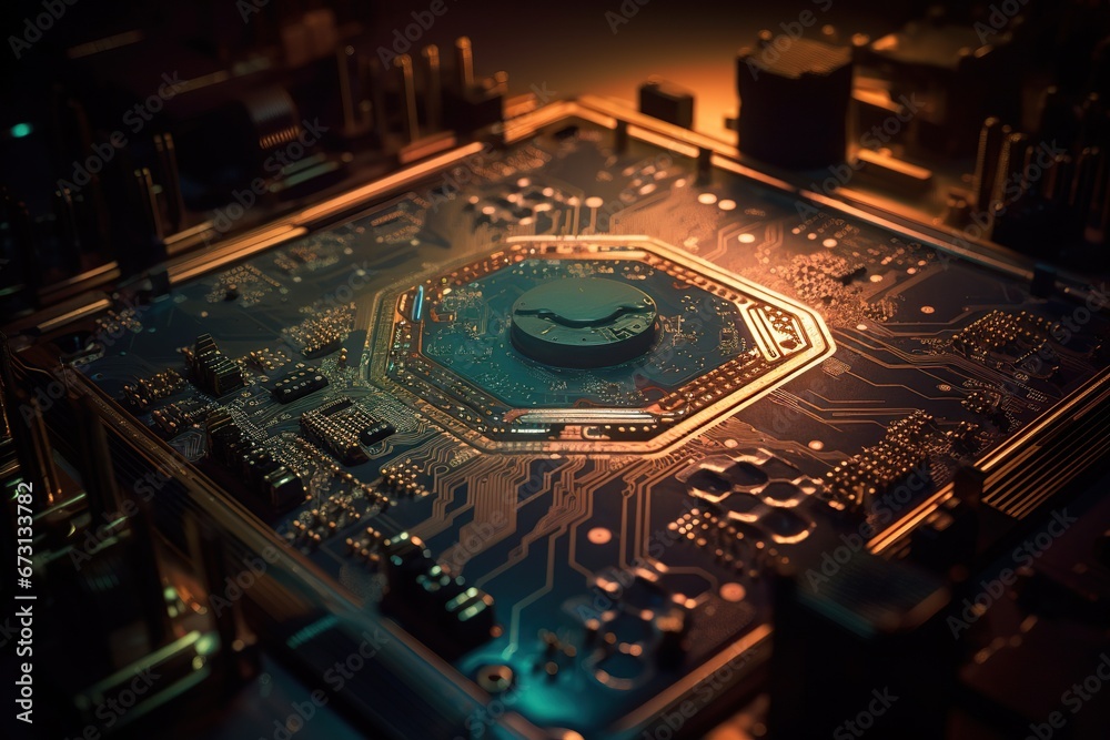 Poster Processor on an electronic circuit. captivating glow illuminating the surrounding circuitry technology and innovation with circuit pathways complemented by the processor's luminance Photography