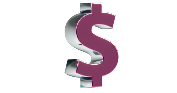 Dollarzeichen plakative violette metallische 3D-Schrift, Finanzen, Symbol, Aktien, Dollar, Preis, Kosten, Prämie, Gutschrift, Gewinn, Kapital, Business, 3D-Renderin, Freisteller, Alphakanal
