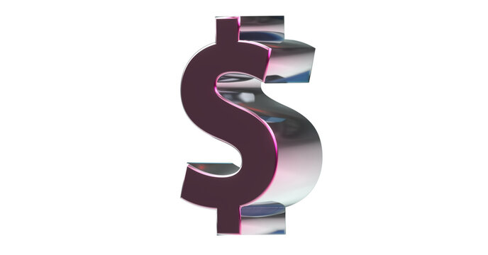 Dollarzeichen plakative lilane metallische 3D-Schrift, Finanzen, Symbol, Aktien, Dollar, Preis, Kosten, Pr&auml;mie, Gutschrift, Gewinn, Kapital, Business, 3D-Renderin, Freisteller, Alphakanal
