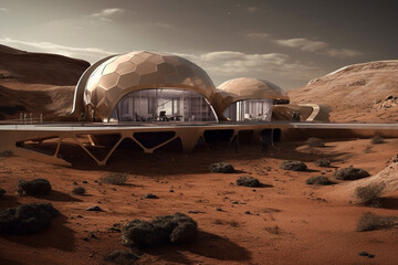 Fototapeta na wymiar An innovative concept of a space station on the barren and arid terrain of Mars. Ai generated