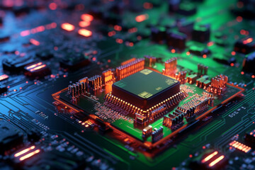 Obraz premium Detailed macro photo into information technology CPU chip core. A close up view of a motherboard procesor. Ai generated.