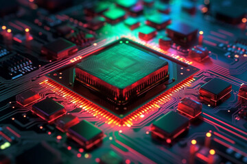 Detailed macro photo into information technology CPU chip core. A close up view of a motherboard procesor. Ai generated