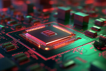 Fototapeta na wymiar Detailed macro photo into information technology CPU chip core. A close up view of a motherboard procesor. Ai generated