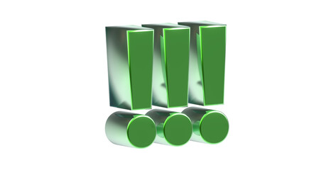 drei grüne exklusive plakative 3D-Ausrufezeichen, Achtung Zeichen, Schrift, 3D, exklusiv, metallisch, edel, Security, Achtung, Warnung, Abmahnung, Hinweis, Rendering, Freisteller, Alphakanal
