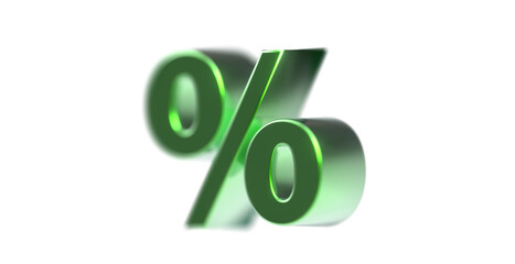 exklusives plakatives Prozentzeichen 3D-Rendering, Rabatt, Ermäßigung, Einkauf, billiger, günstig, grün, Schlußverkauf, Preisnachlass, Ausverkauf, Abrechnung, metallisch, edel, Freisteller