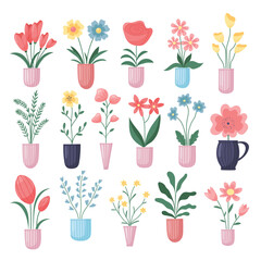 Vector illustration set of vases with flowers. Simple, naive style. - obrazy, fototapety, plakaty
