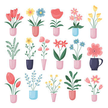 Fototapeta Vector illustration set of vases with flowers. Simple, naive style.