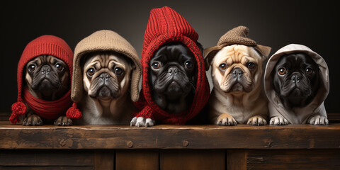  Funny cute pugs wearing Christmas and winter hats - obrazy, fototapety, plakaty