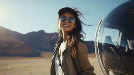 Happy young woman getting off a helicopter to explore a desert - obrazy, fototapety, plakaty