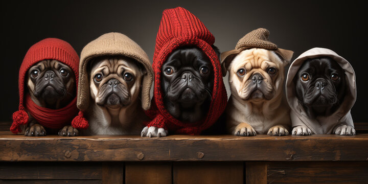  Funny cute pugs wearing Christmas and winter hats