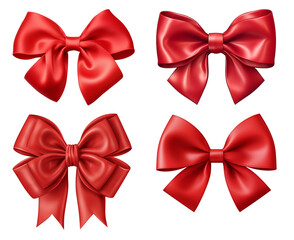 Set of red ribbon satin bows isolated on white background