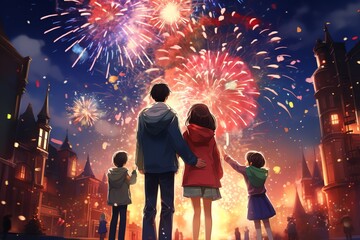 Fototapeta na wymiar a family celebrates new year in the city with fireworks in the background, anime style illustration