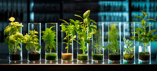 Many green plants in test tubes, Biotechnology and genetic modification - obrazy, fototapety, plakaty