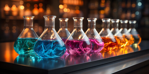  A Chemistry Laboratory Background Featuring Mysterious Fluids Enclosed in Flasks and Test Tubes - obrazy, fototapety, plakaty