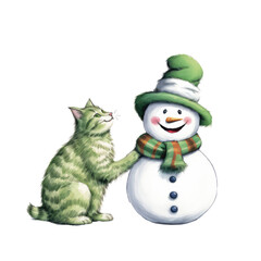 Celebrate holiday season with adorable watercolor clipart featuring a cute green cat illustration. Perfect for adding festive touch to Christmas design. Find joy in traditional whimsical pet artwork.