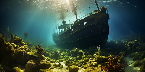 under water wide angle photos of sinked ship, Sunken ship at the bottom of the ocean - obrazy, fototapety, plakaty