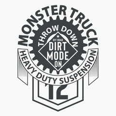 Typographic vector illustration of monster truck badge. t shirt graphics. print