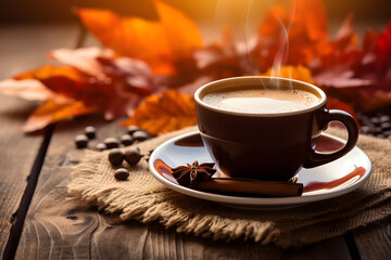 Autumn background with a cup of hot aromatic coffee on a wooden table surrounded by autumn leaves and a rug.